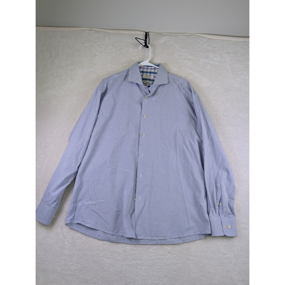 Isaac Mizrahi New York Mens Slim Fit Blue Gingham Dress Shirt 17 34/35 L/S